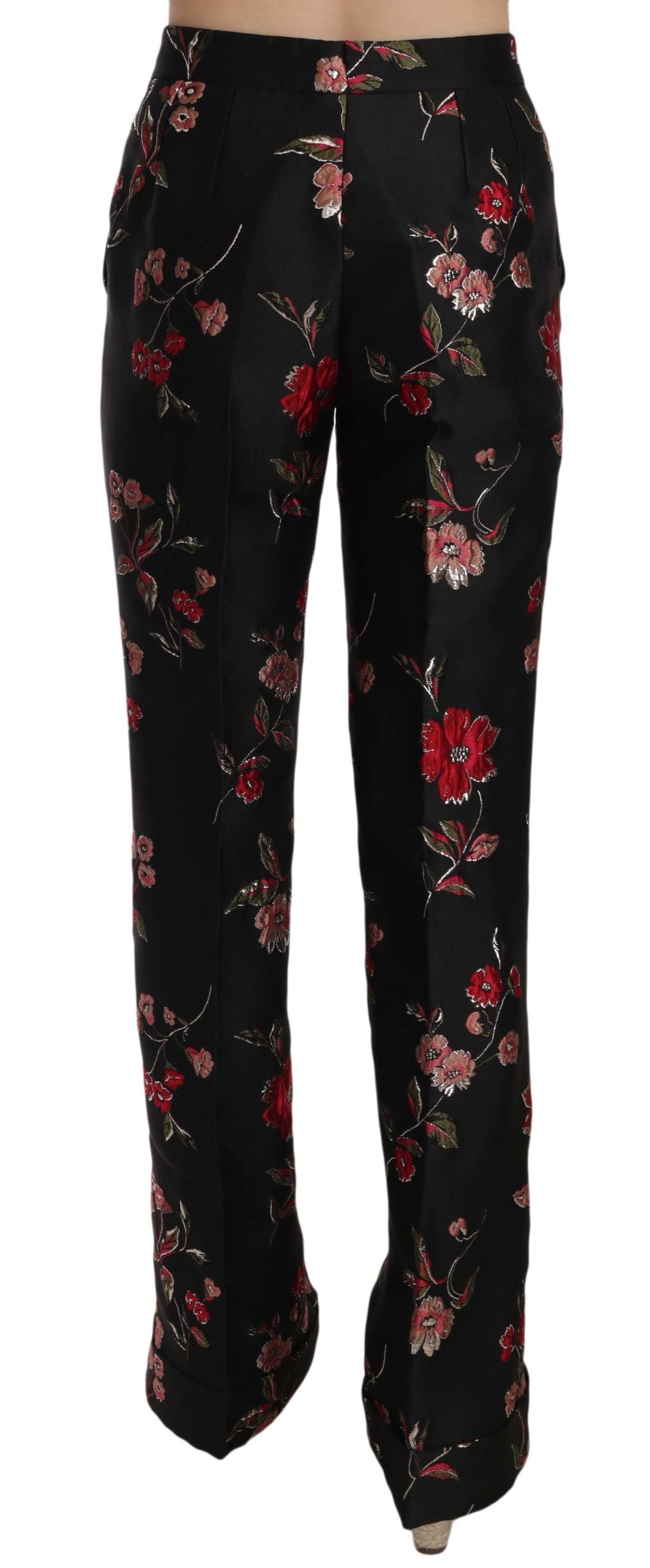 Dolce & Gabbana Floral Print Black Boot Cut Trouser Pants