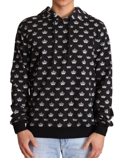 Black White Crown Print Cotton Hooded Sweater