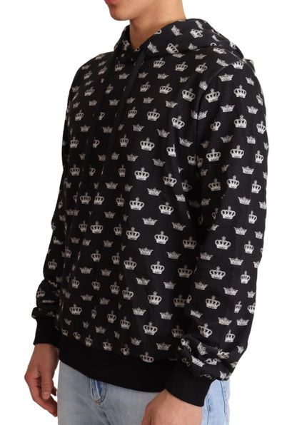 Black White Crown Print Cotton Hooded Sweater