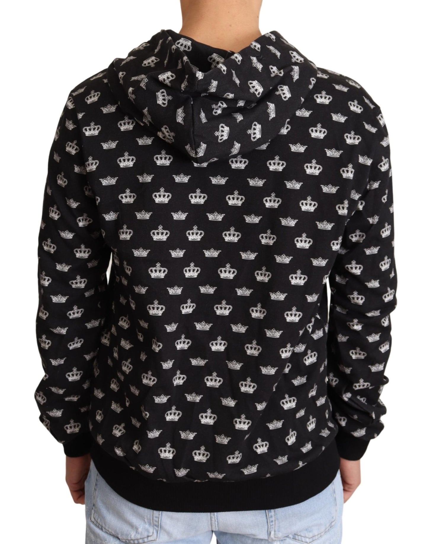 Black White Crown Print Cotton Hooded Sweater