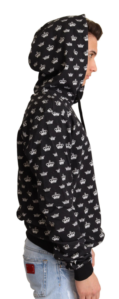 Black White Crown Print Cotton Hooded Sweater