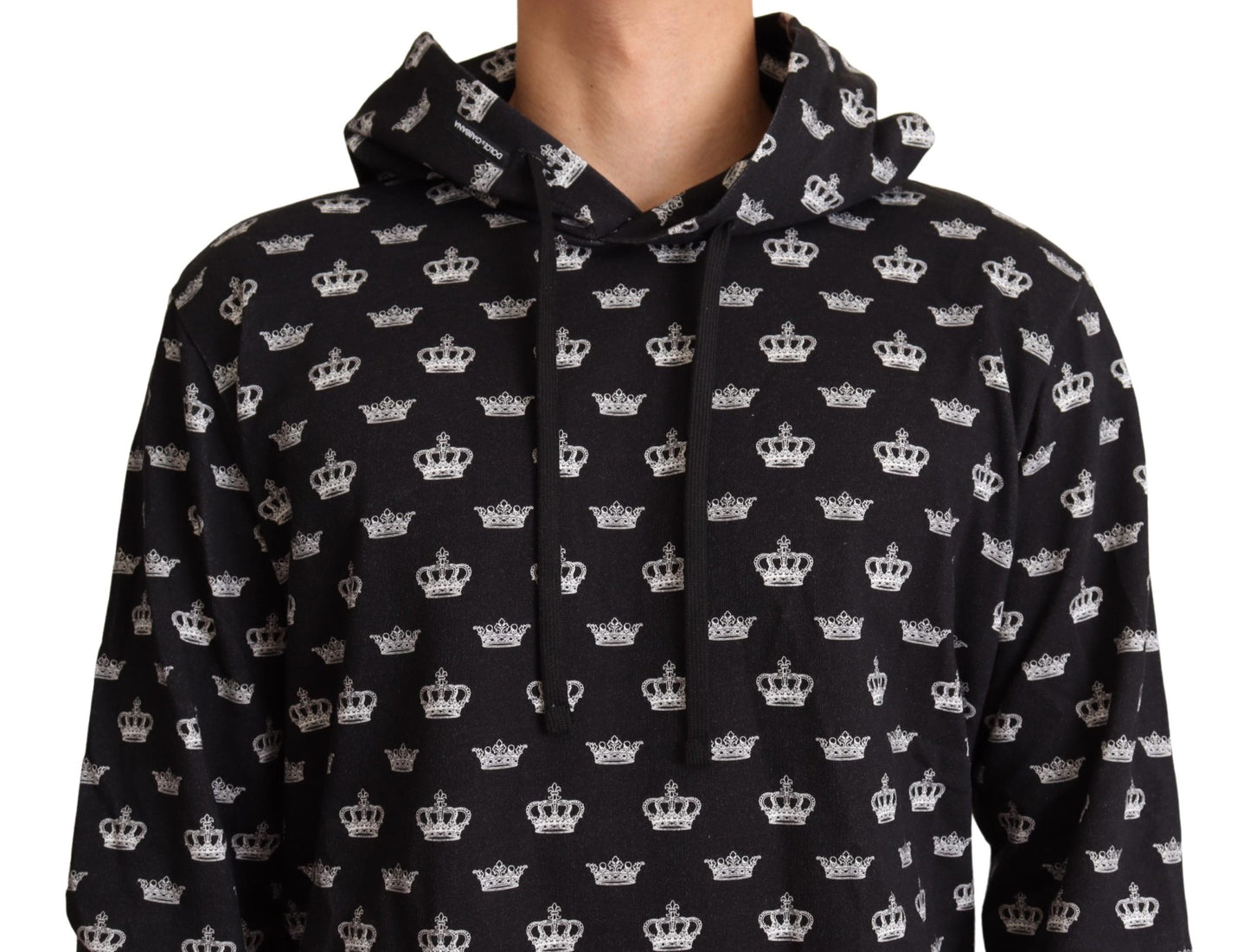 Black White Crown Print Cotton Hooded Sweater