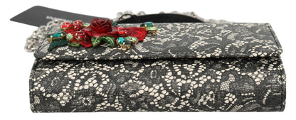 Black Lace Leather Crystal Roses Sicily Von Purse Bag