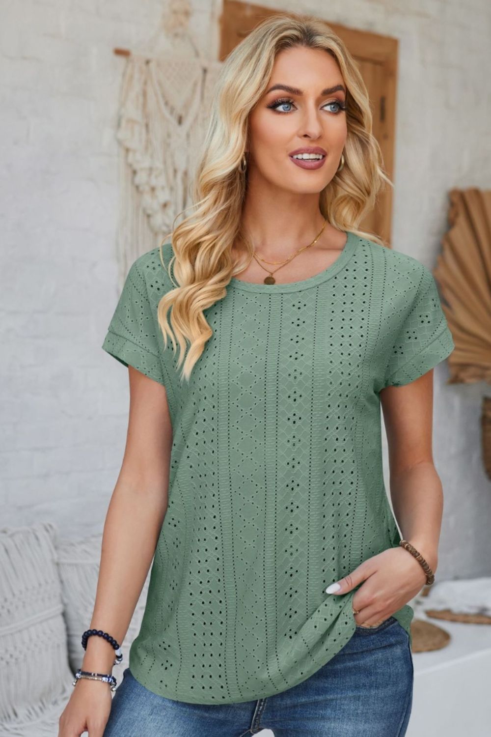 Eyelet Round Neck Rolled Short Sleeve T-Shirt