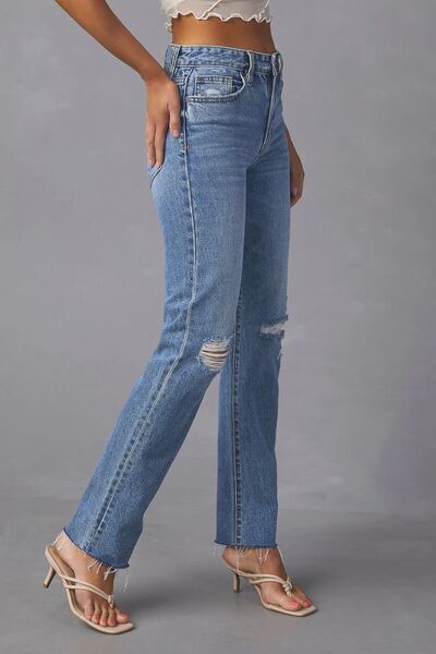 Distressed Raw Hem Straight Jeans with Pockets