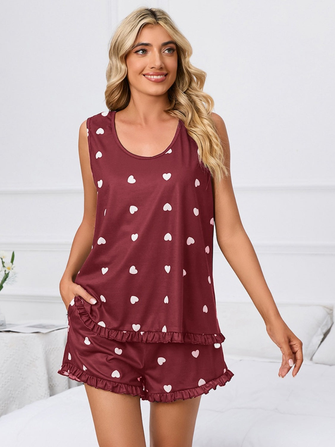 Heart Scoop Neck Tank and Shorts Lounge Set