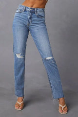 Distressed Raw Hem Straight Jeans with Pockets