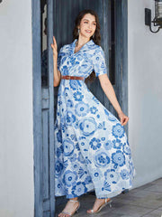 Floral Print Lapel Collar Short Sleeve Maxi Dress