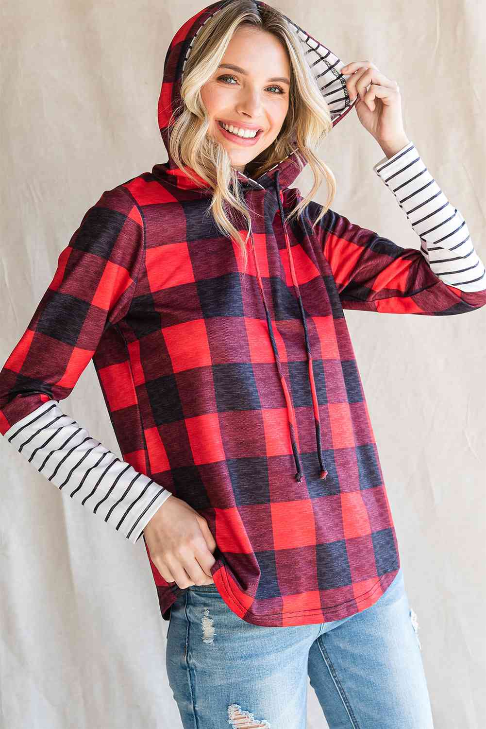 Plaid Striped Long Sleeve Hoodie