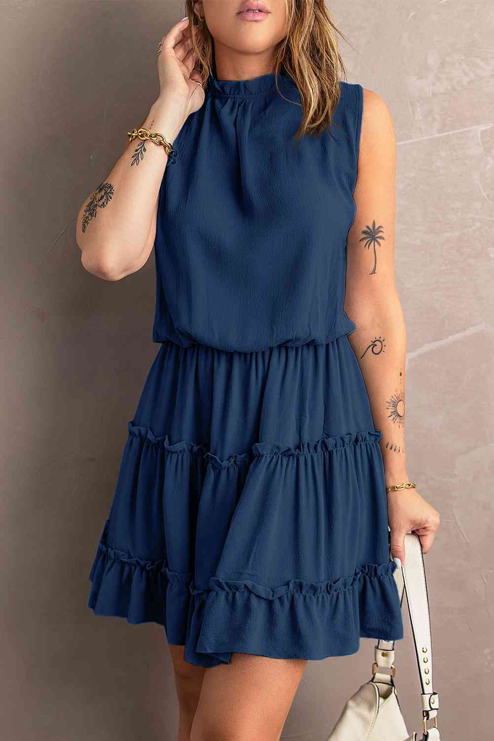 Tie Neck Frill Trim Sleeveless Mini Dress