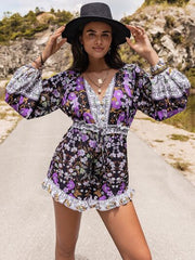 Printed Frill Half Button Balloon Sleeve Romper