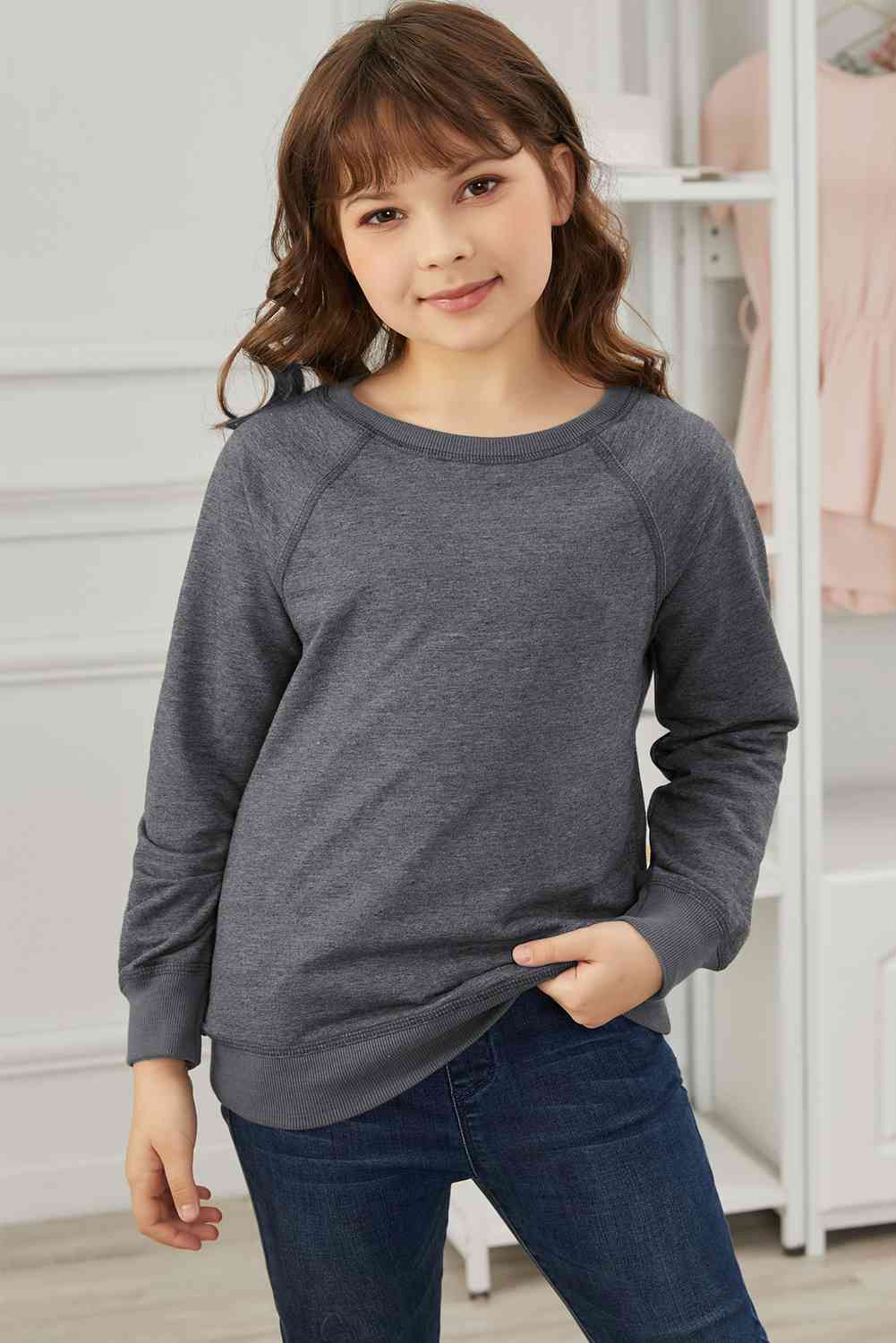 Girls Raglan Sleeve Ribbed Trim Sweatshirt