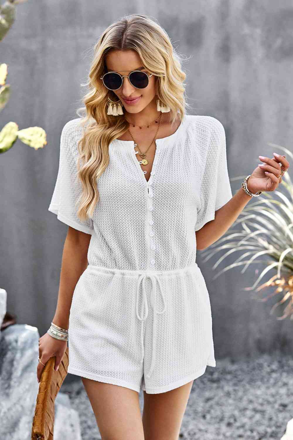 Waffle-Knit Drawstring Waist Romper