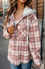 Plaid Raw Hem Drawstring Hooded Jacket