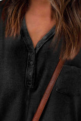 Ribbed Patch Pocket Button V-Neck Long Sleeve Top
