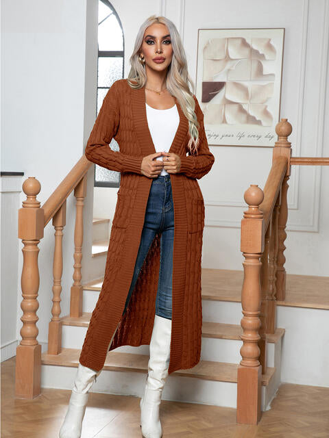 Cable-Knit Open Front Cardigan with Pockets