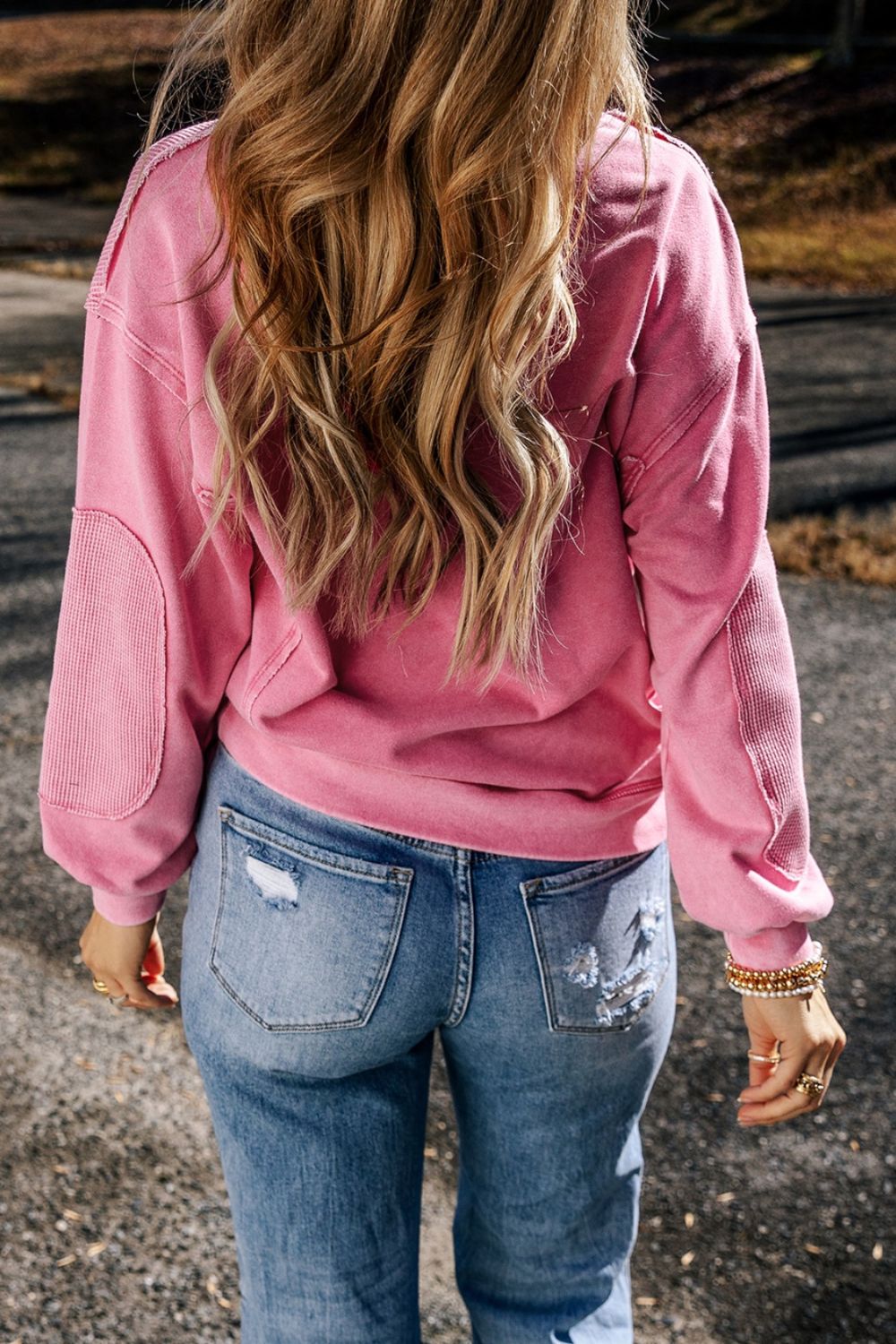 Exposed Seam Round Neck Long Sleeve Sweatshirt