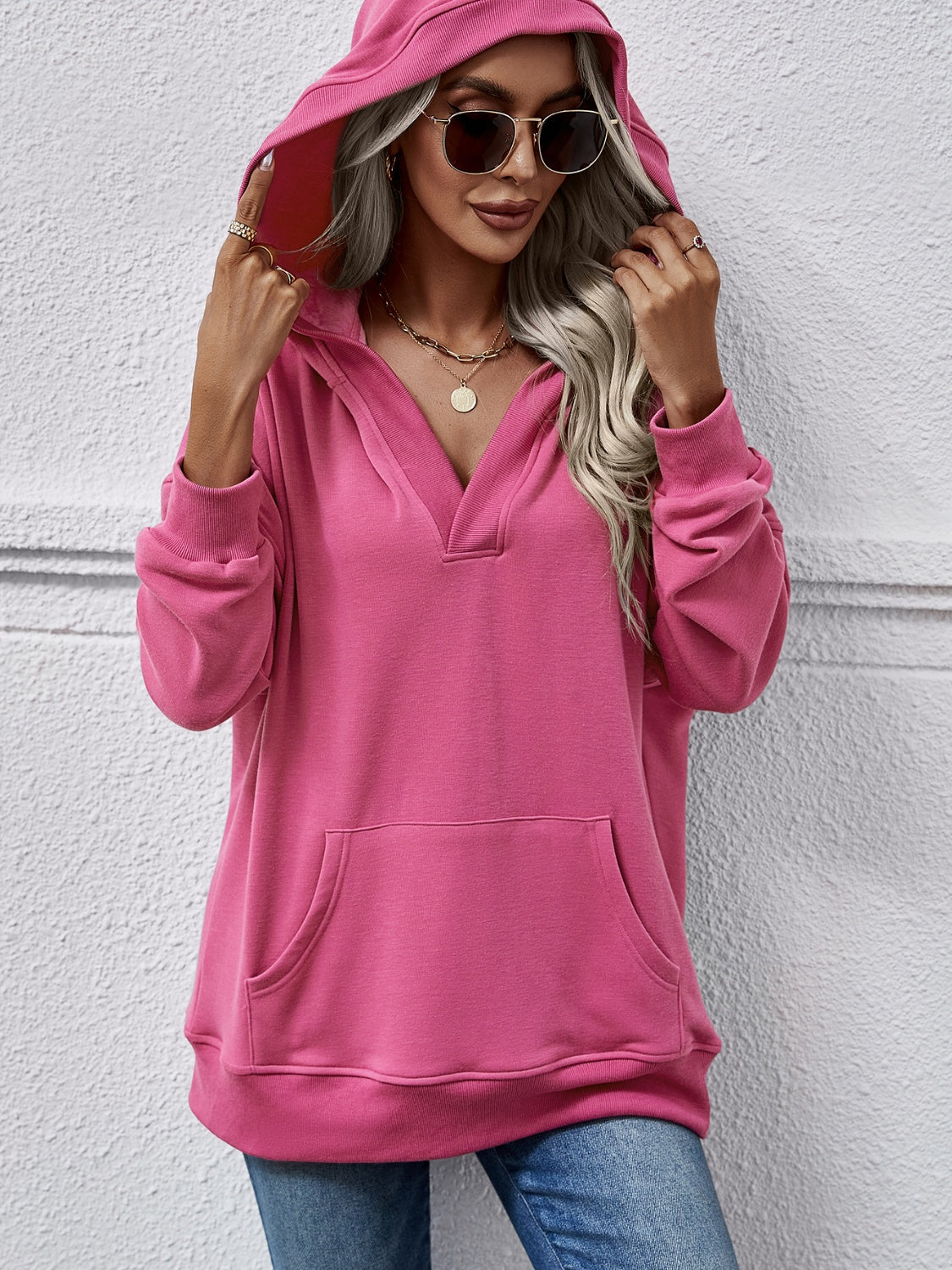 V-Neck Drop Shoulder Long Sleeve Hoodie