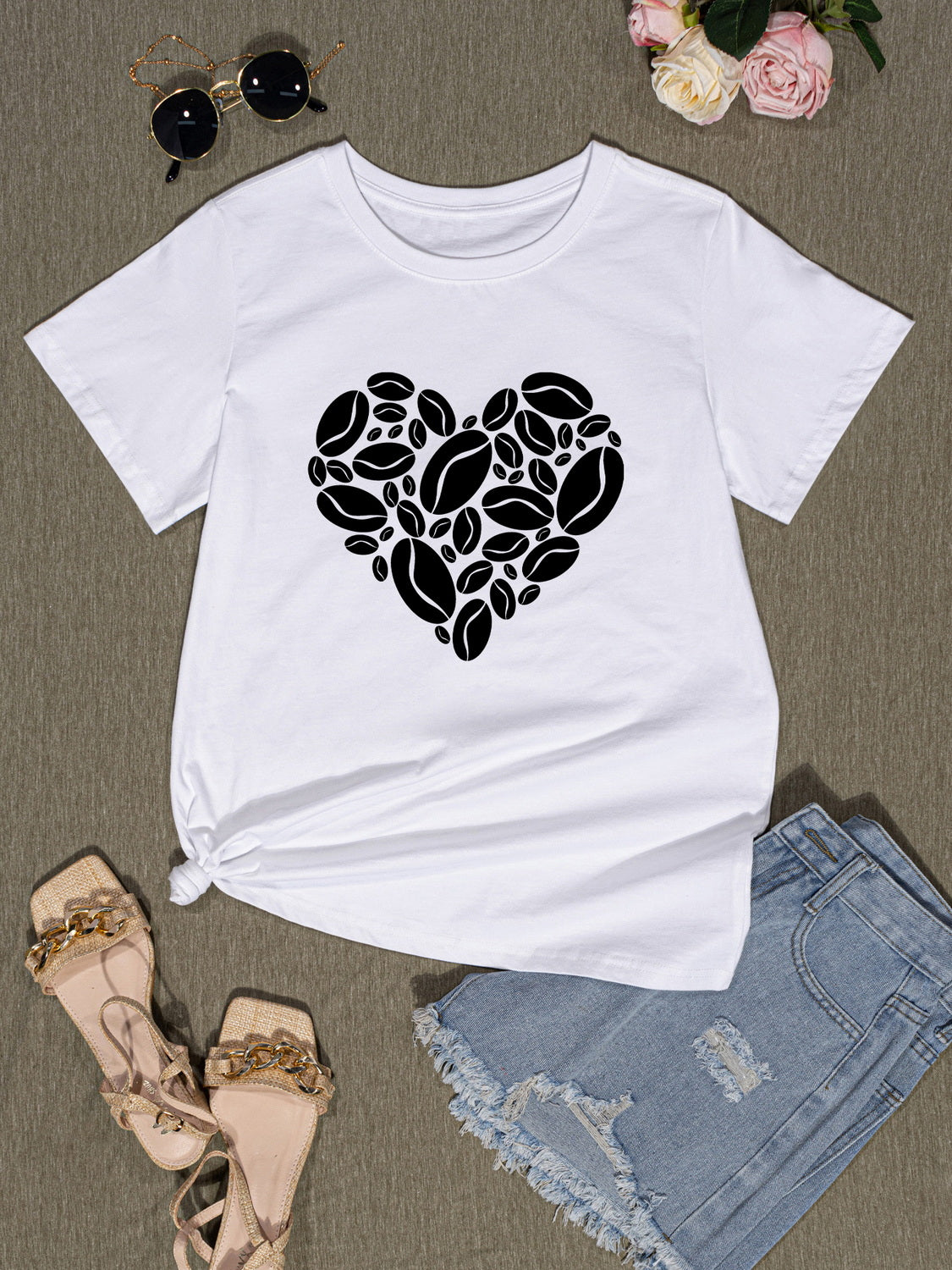 Heart Round Neck Short Sleeve T-Shirt