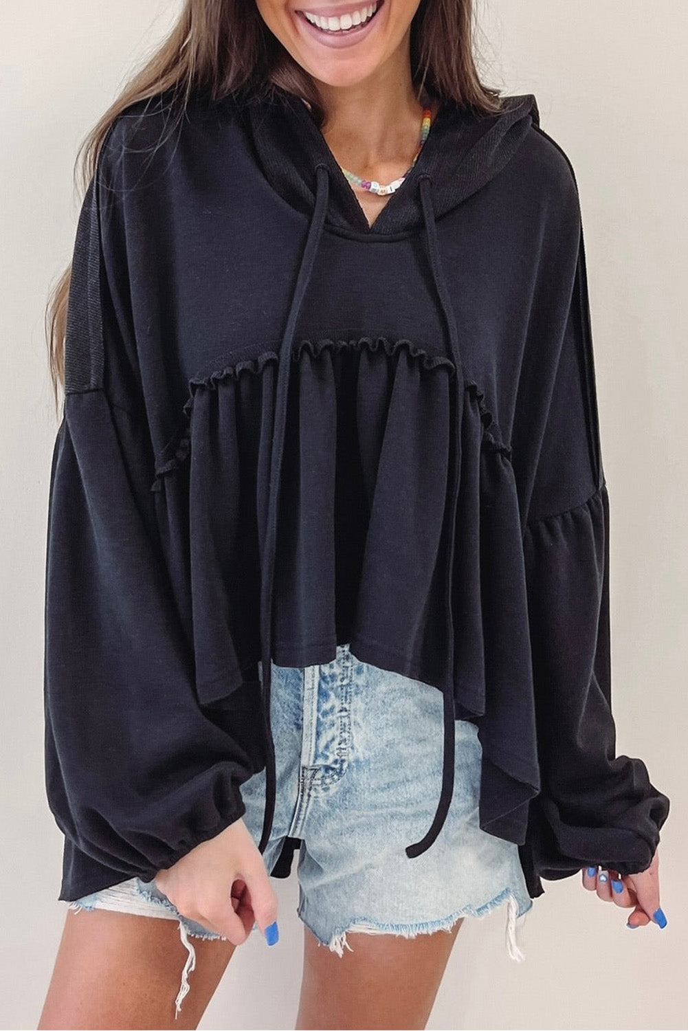 Drawstring High-Low Balloon Sleeve Hoodie