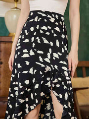Printed Ruffled Front Slit Skirt