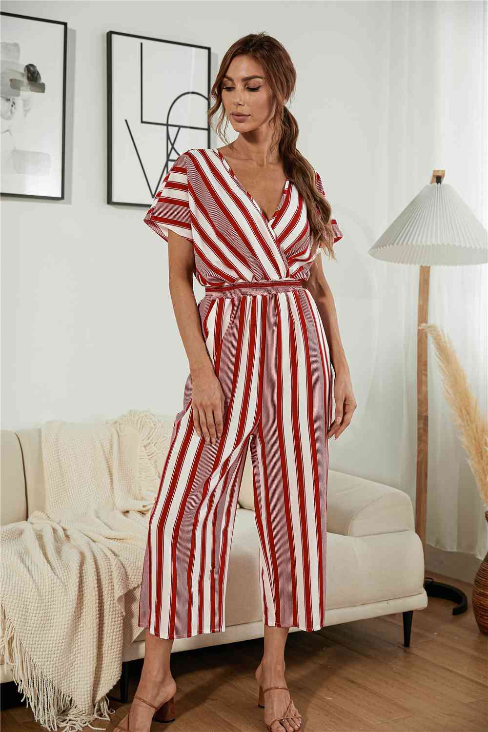 Striped V Neck Wide Leg Jumpsuit