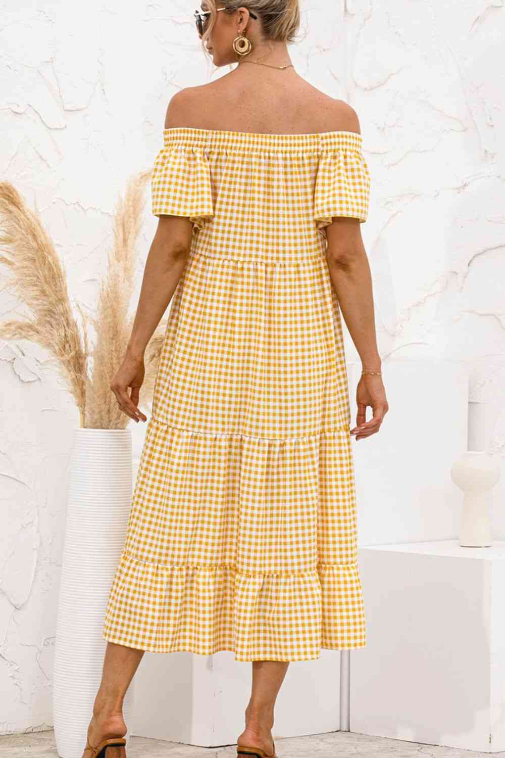 Plaid Off-Shoulder Tiered Midi Dress