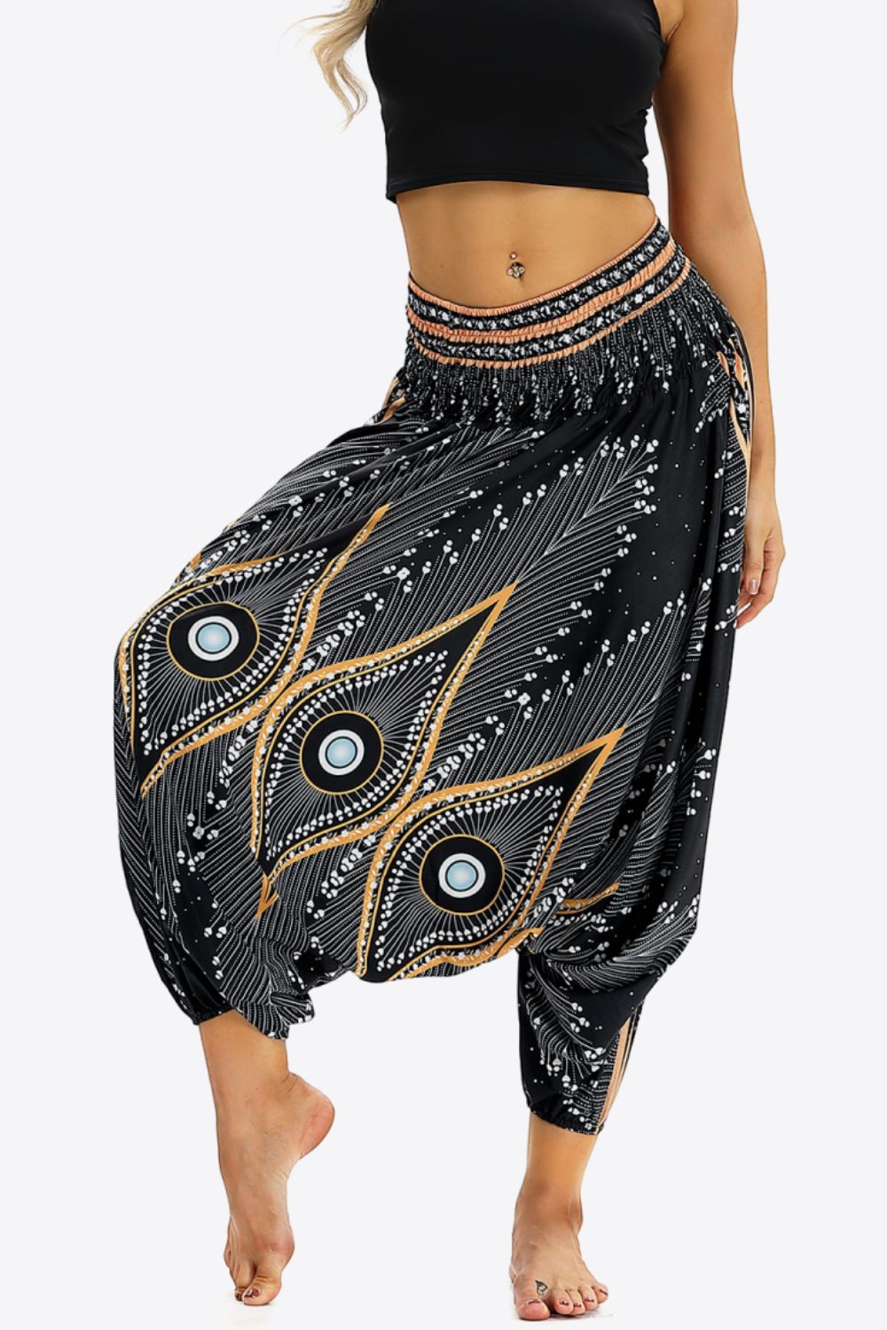 Printed Smocked Waist Harem Pants