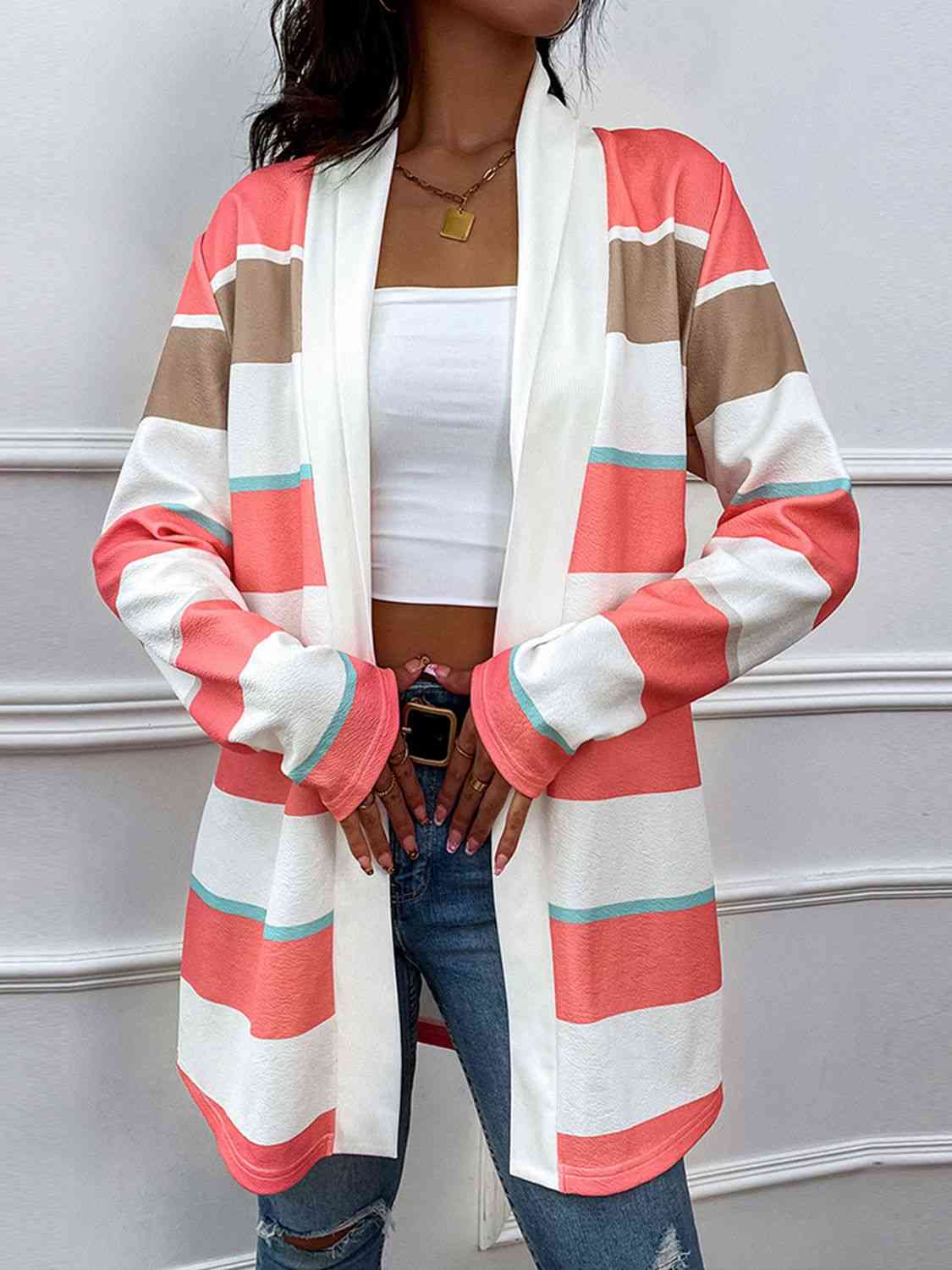 Striped Open Front Longline Cardigan