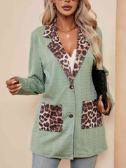 Leopard Buttoned Lapel Collar Blazer with Pockets