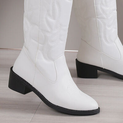 PU Leather Point Toe Block Heel Boots