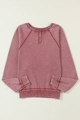 Waffle Knit Raglan Sleeve Henley Sweatshirt