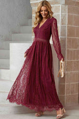 Scalloped Hem Flounce Sleeve Lace V-Neck Maxi Dress