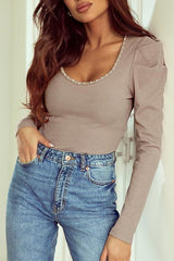 Long Puff Sleeve Ribbed Top