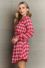 Plaid Band Collar Drawstring Shirt Dress