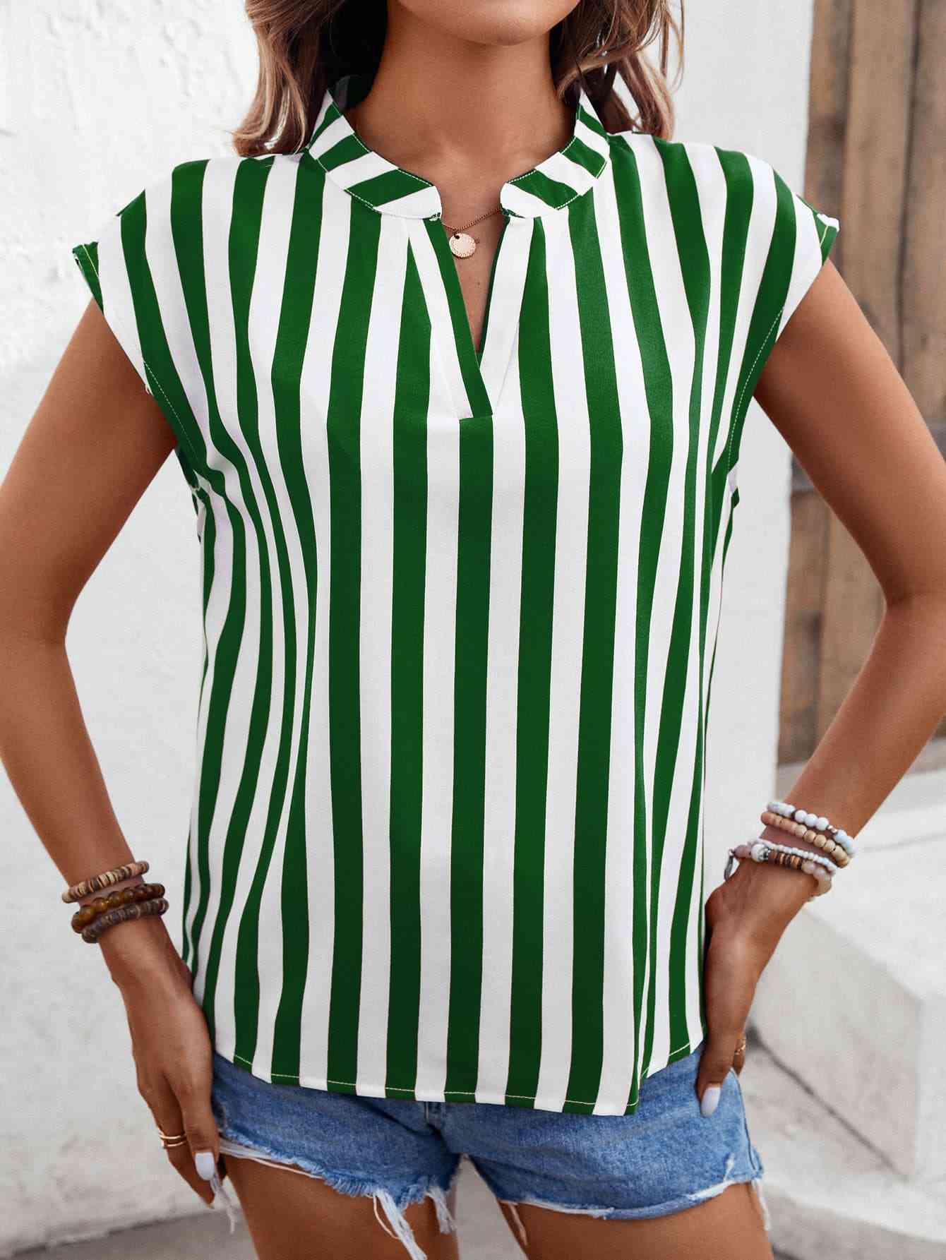 Striped Notched Neck Cap Sleeve Blouse