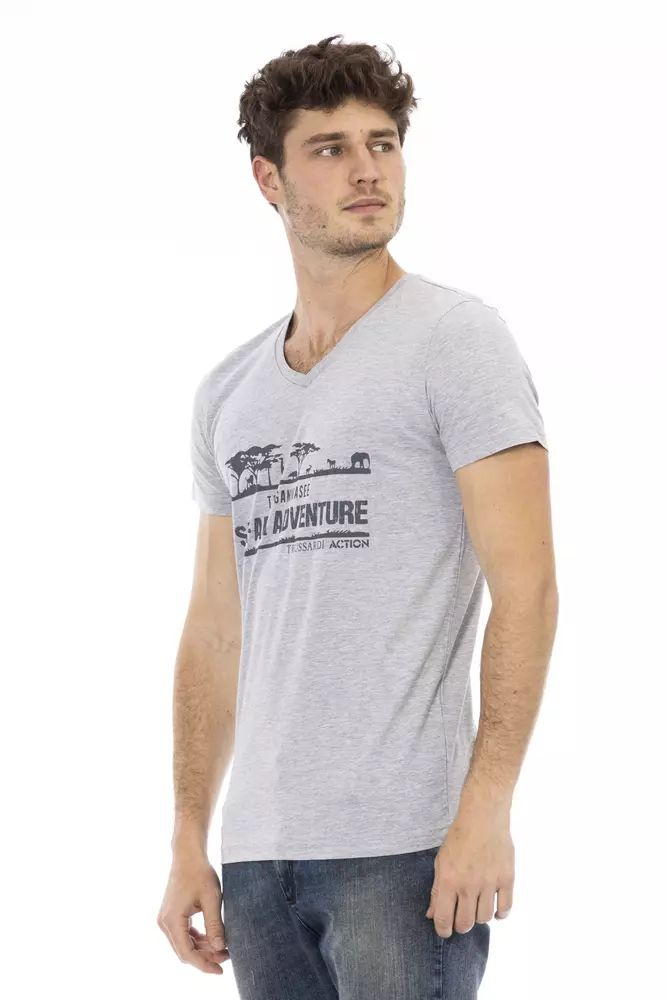 Trussardi Action Chic V-Neck Tee with Front Print in Gray
