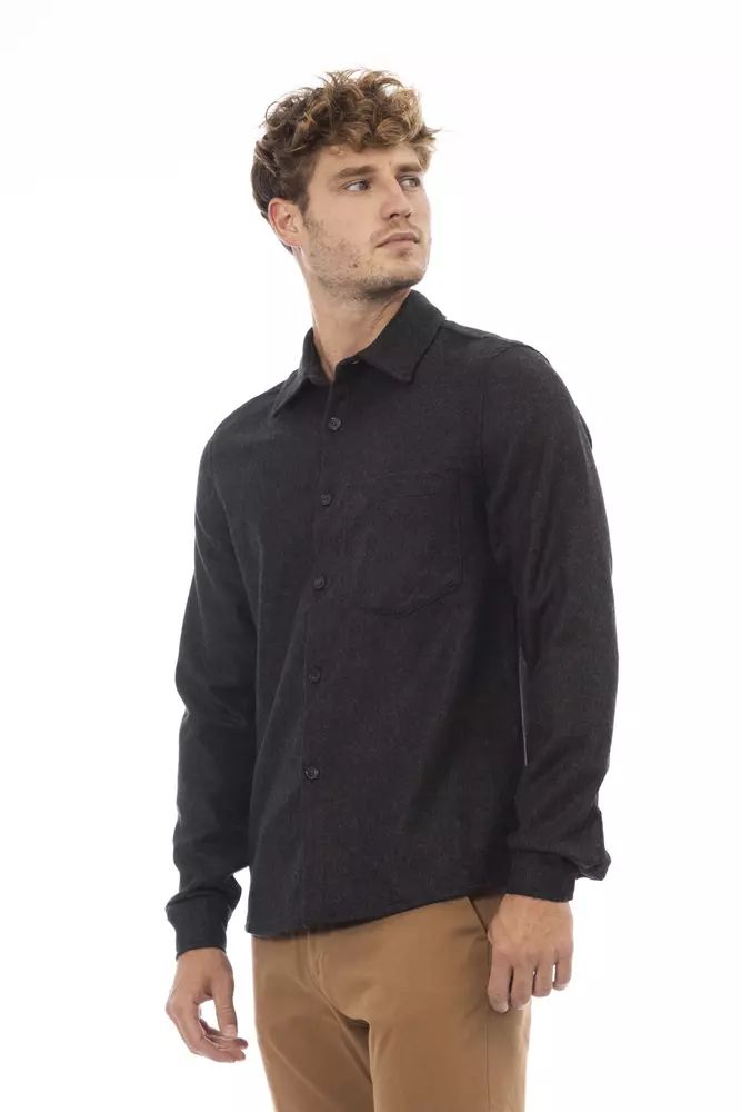 Alpha Studio Chic Gray Flannel Button-Up Shirt with Front Pocket