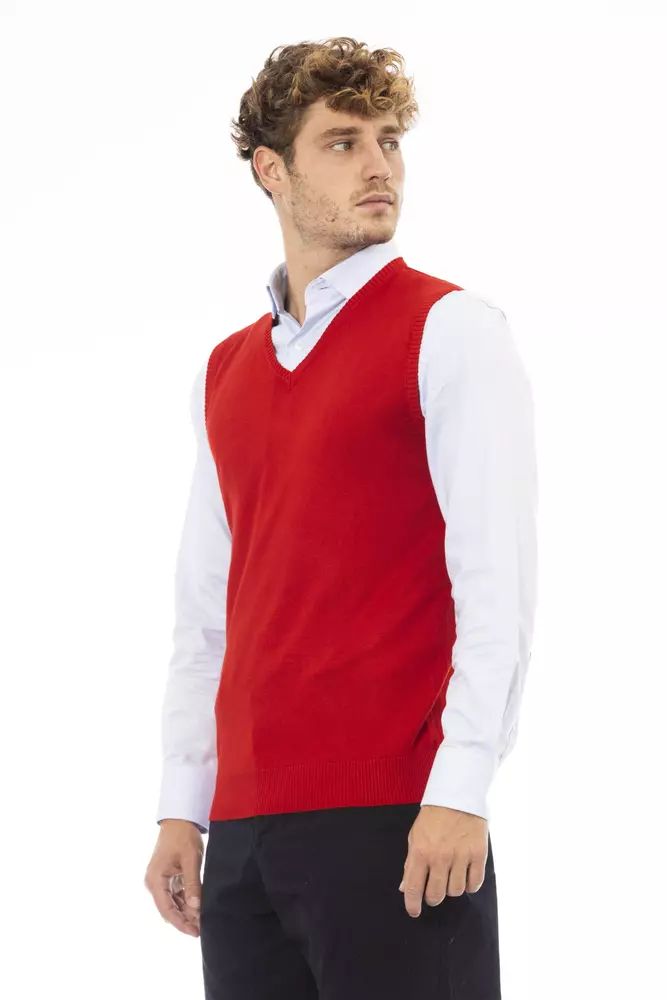 Alpha Studio Elegant V-Neck Red Vest in Fine Rib Knit