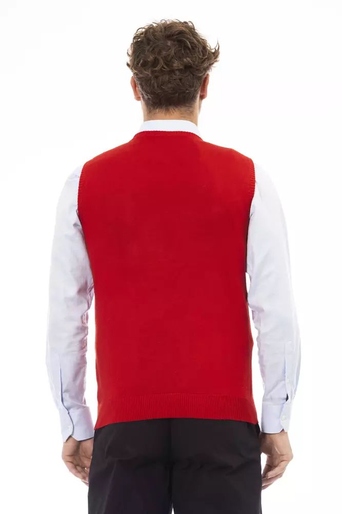 Alpha Studio Elegant V-Neck Red Vest in Fine Rib Knit