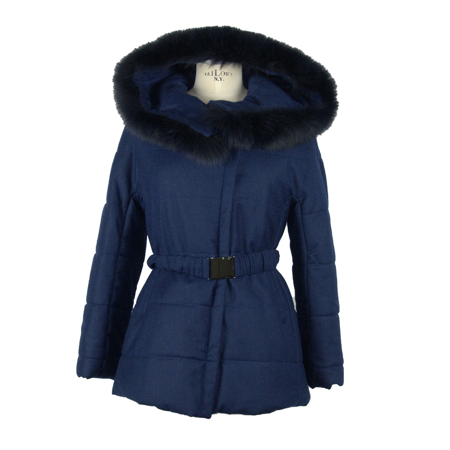 Blue Wool & Fur Hooded Jacket Coat
